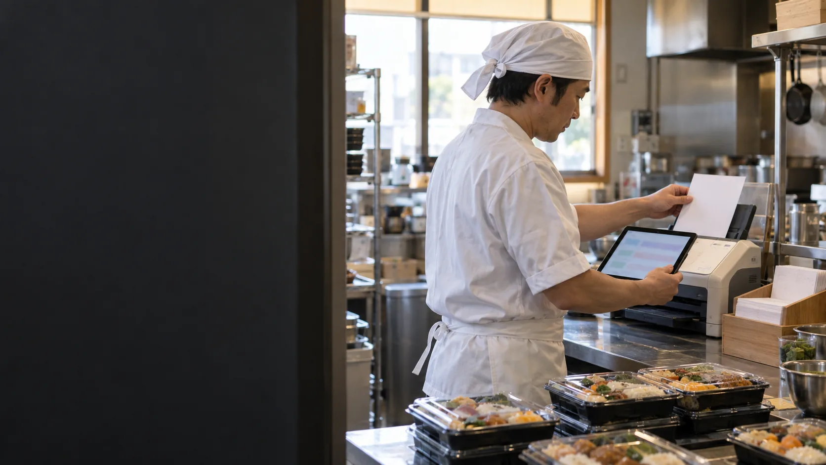 弁当店の担当者が紙とFAXの注文をデータ化している様子